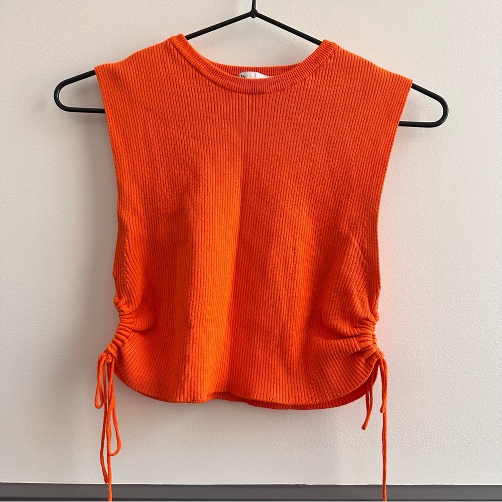 Zara Ribbed Knit Orange Cropped Tee Medium - Picture 4 of 8
